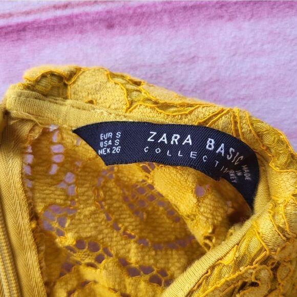 Zara Basic‎ Mustard Yellow Short Sleeve Lace Overlay A-Line Mini Dress Small - Picture 5 of 5